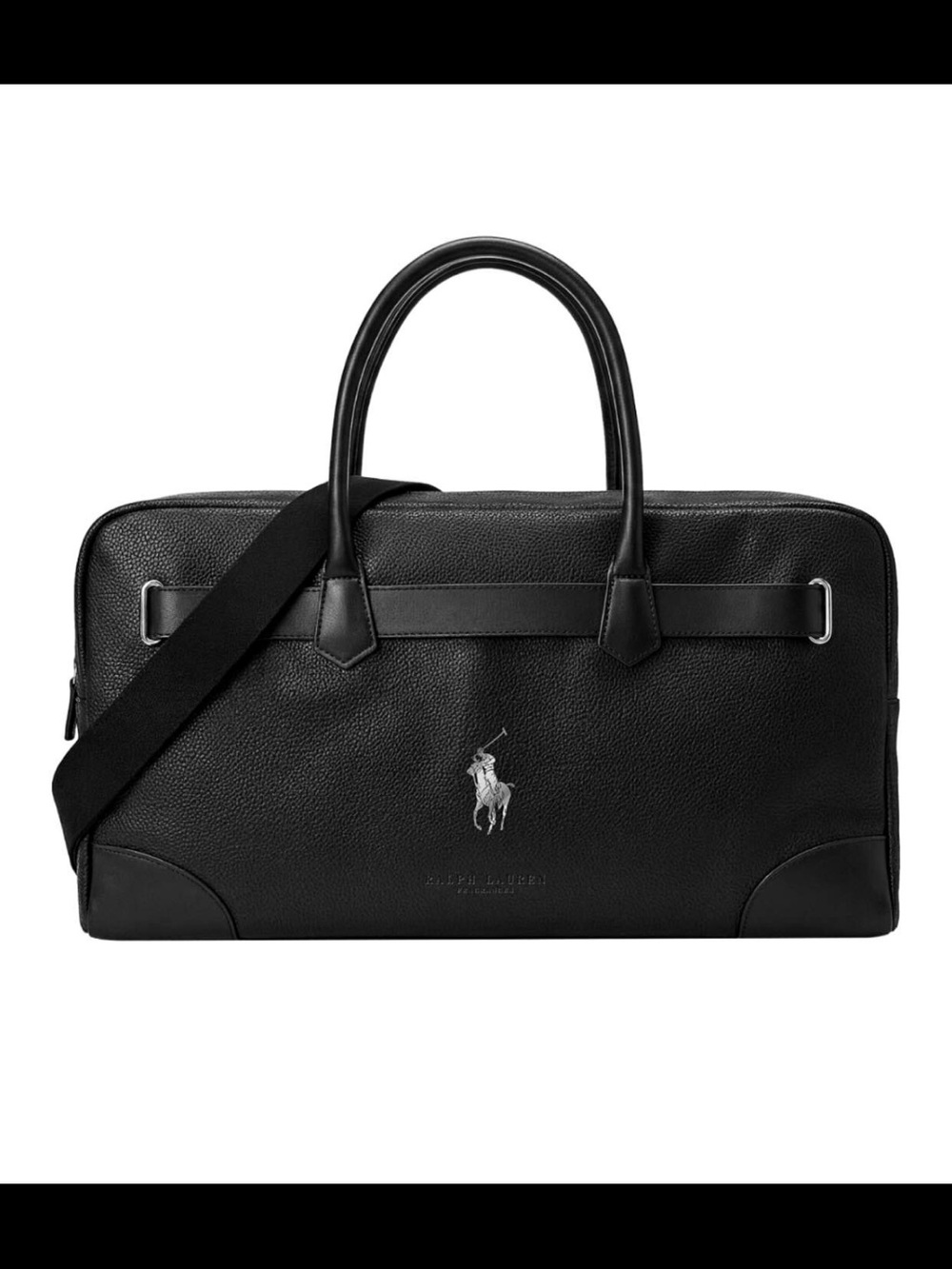 Ralph Lauren Black Pebbled Leather Duffel with Contrasting Silver Polo Logo